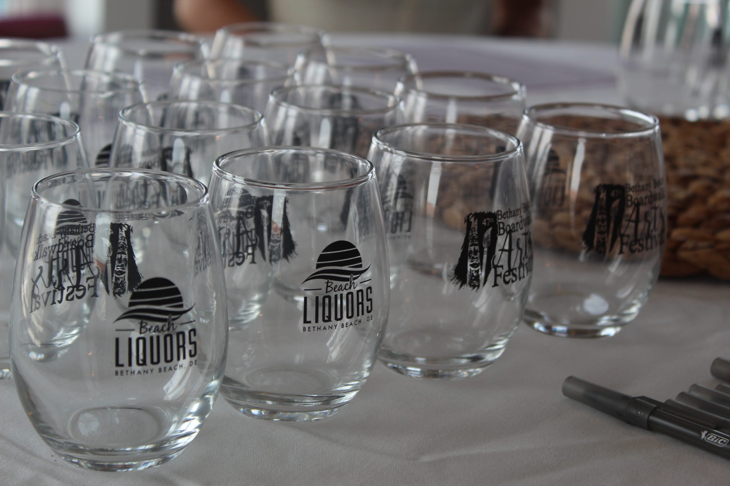 Wine glasses on a table.